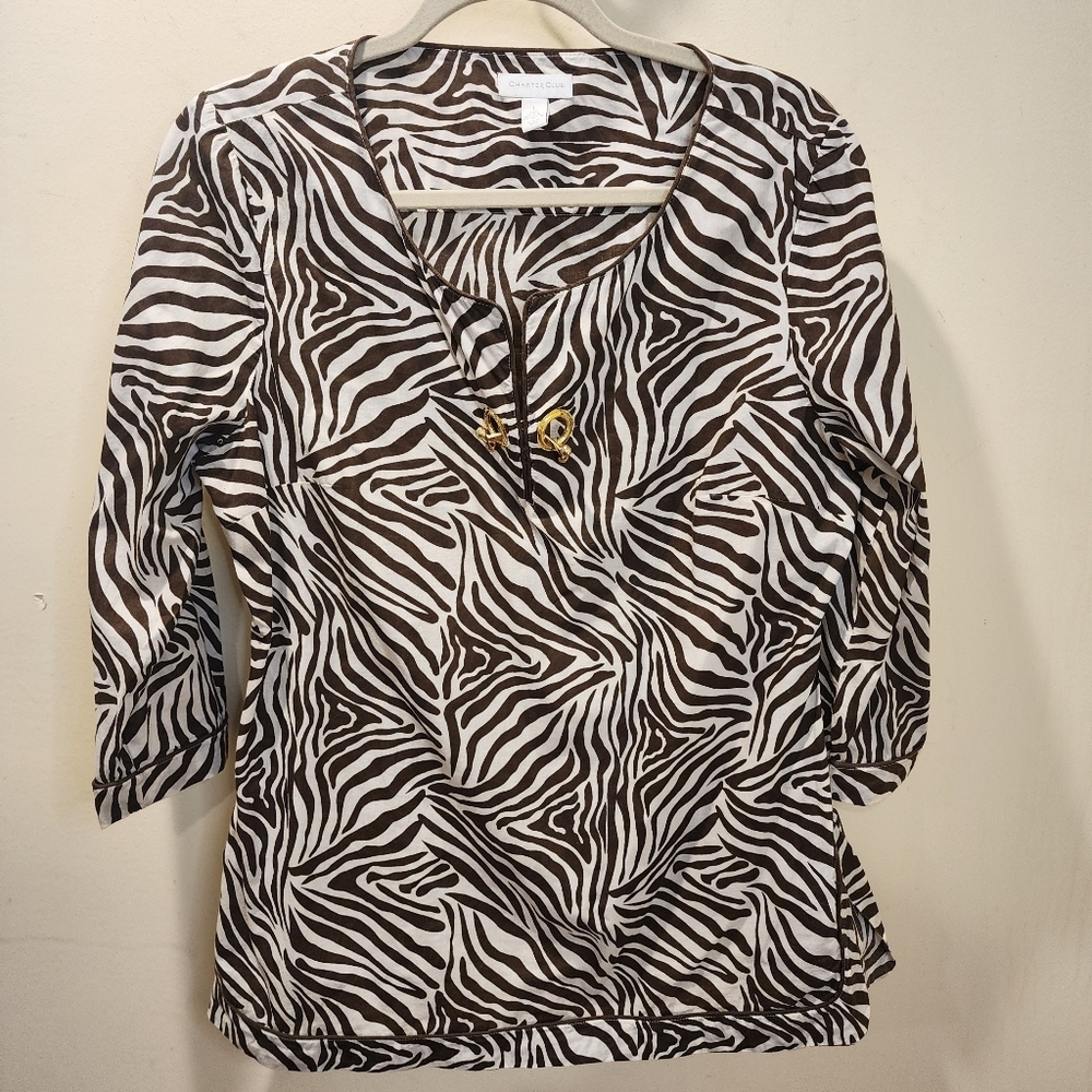 Charter Club Brown And White Zebra Print Cotton Women's Top Size L